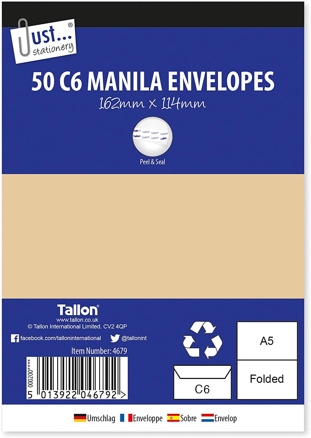 Tallon Just Stationery C6 Peel & Seal Manila Envelopes (Pack of 50), 4679, C6 x 50