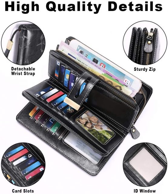 LUROON Ladies Purse RFID Blocking Women Purses Large Capacity Ladies Leather Wallets with 24 Credit Card Slots, Ladies Clutch Long Wallet with Zipper Pocket & Wrist Strap (Black) - Image 4