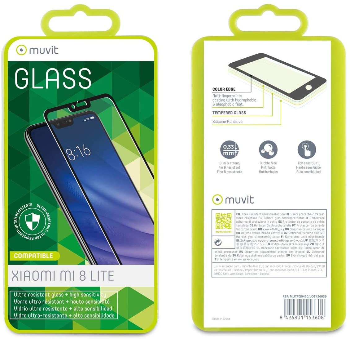 MUVIT MUTPG0450 Tempered Glass Screen Protector 0.3mm for Mi 8 Lite Black Frame, Multi-Coloured - Image 2