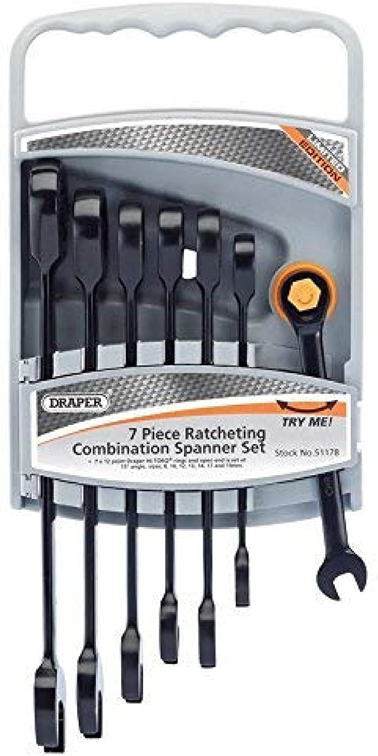 Draper 51178 Hi-Torque Metric Ratcheting Combination Spanner, Black, Set of 7 Pieces, Silver