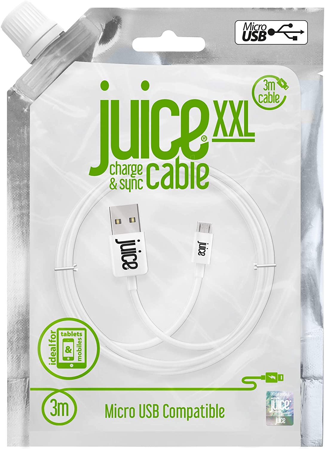 Juice Micro USB 3m Charger and Sync Cable for Android Samsung Galaxy S7,S6,S5, Huawei, Xiaomi, Nokia, Sony, Nexus, HTC, Kindle - White - Image 2