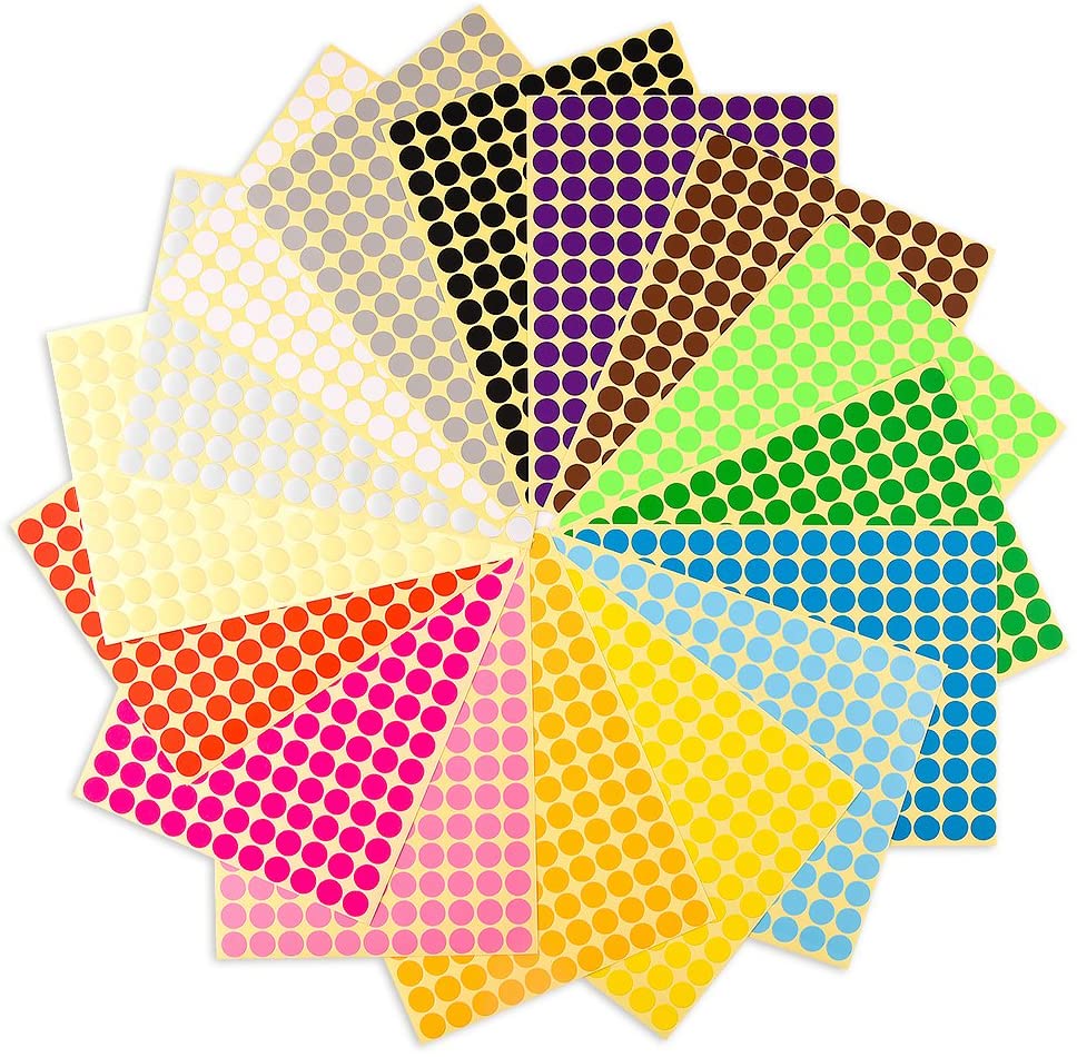 KUUQA 16 Sheets Self Adhesive Coding Dot Map Label Stickers Coding Labels 10mm Diameter 16 Colors Combination (2640 Dots)