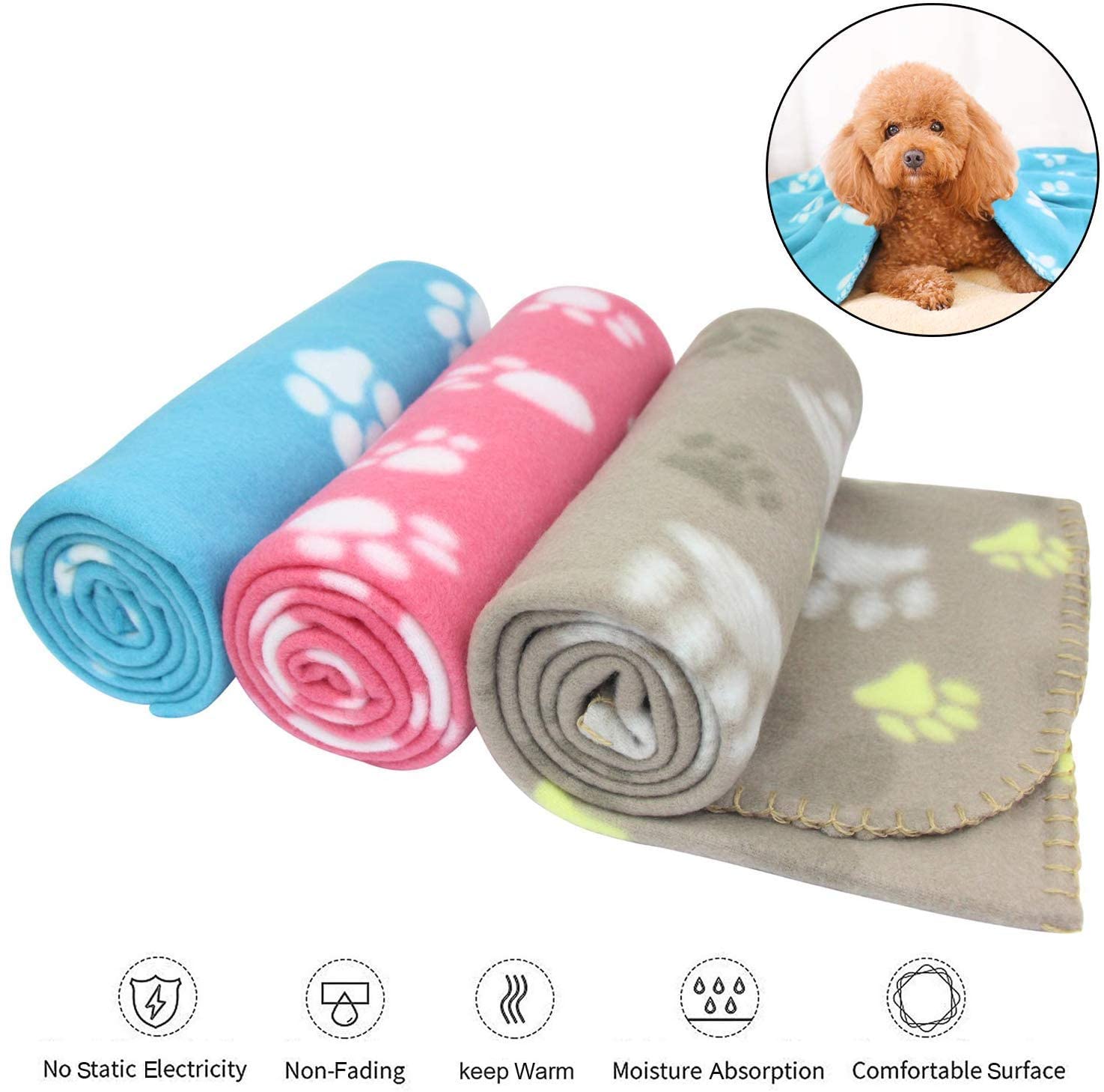 YIQI paw print pet blanket for dog or cat soft finish, heavy duty winter blanket, fleece blanket cosy cat bed - Image 2