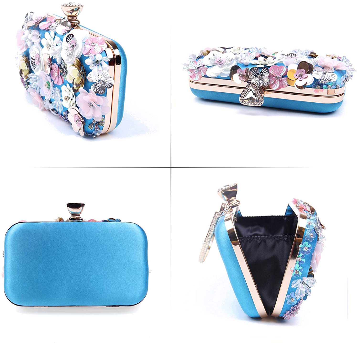Jywmsc Women Clutches Flower Evening Handbag Chain Strap Shoulder Bag, Blue - Image 3