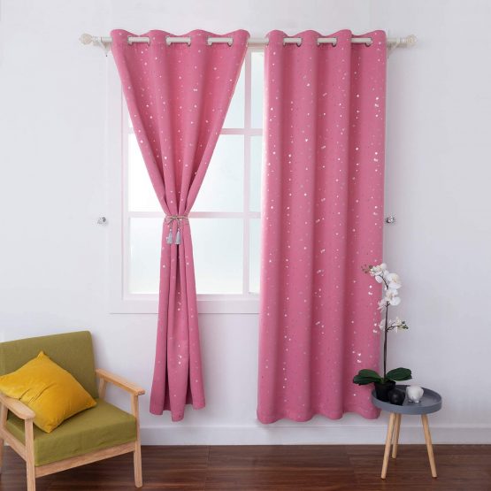 BGment Kids Blackout Curtains for Bedroom - Eyelet Thermal Insulated Silver Star Print Room Darkening Curtains for Living Room, 2 Panels (W46 X L54 Inch, Pink) - Image 2