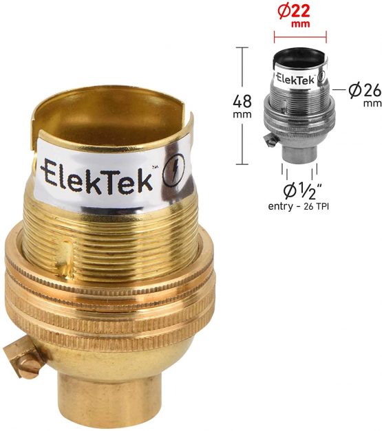 ElekTek Lamp Holder Un-Switched Bayonet Cap B22 Half Inch Entry with Shade Ring Brass