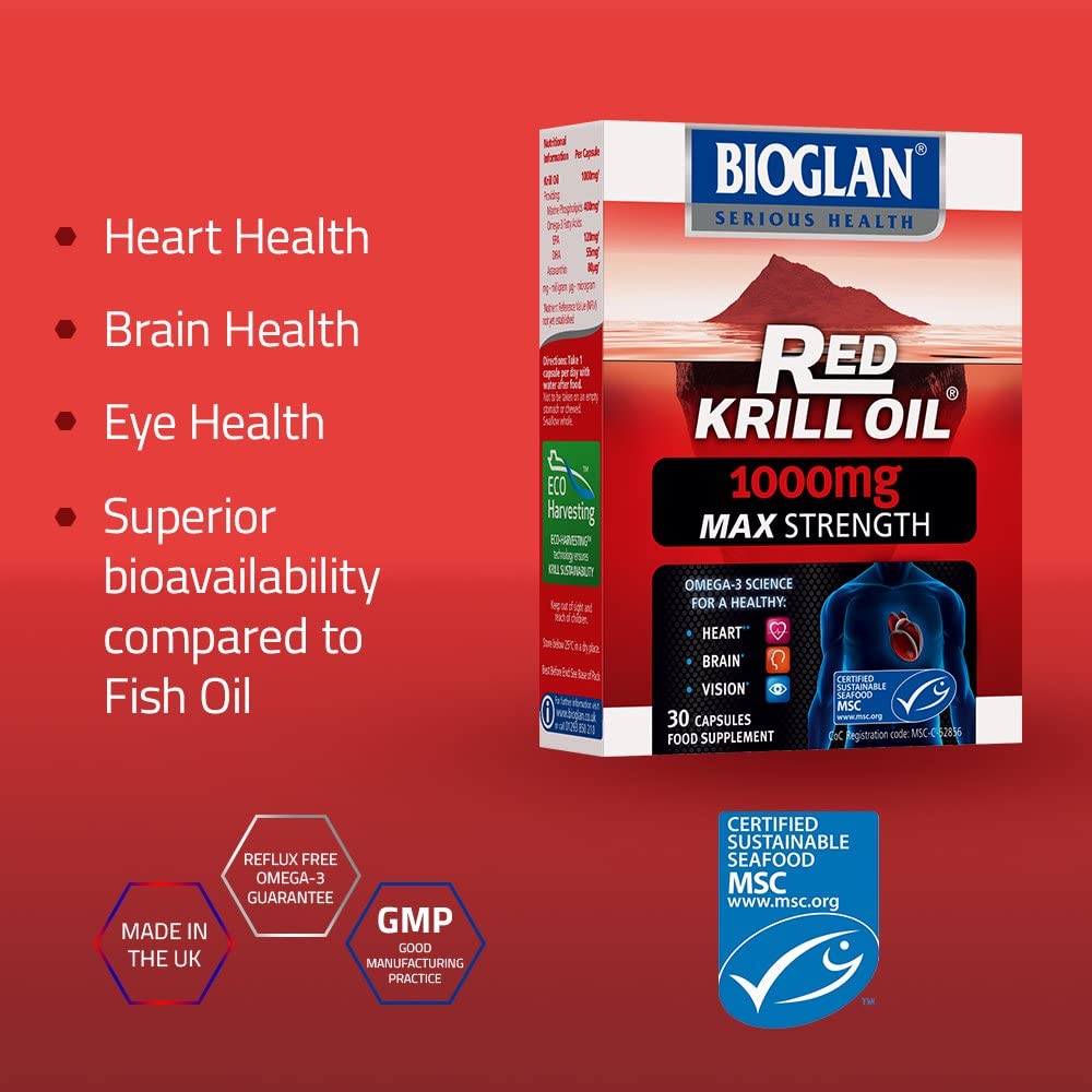 Bioglan Red Krill Oil Max Strength 1000 mg, high in Omega3 Fish Oil