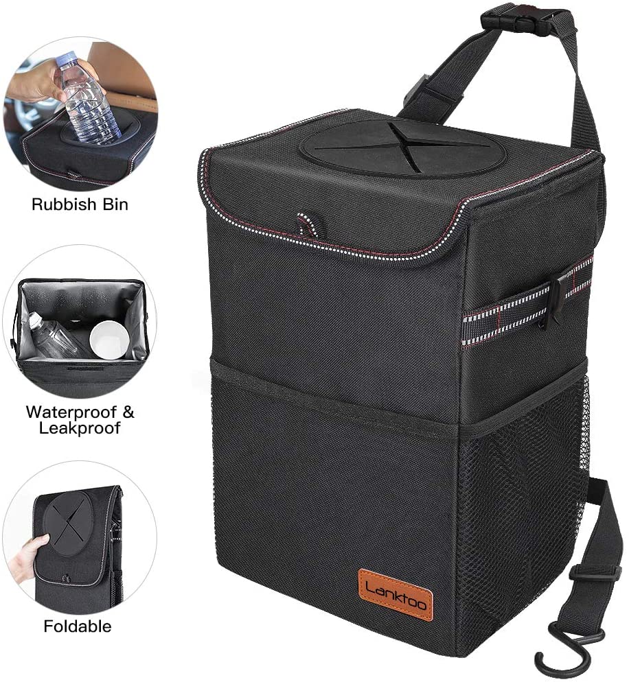 Car Bin, lanktoo Car Rubbish Bin with Lid and Side Pockets, Leakproof
