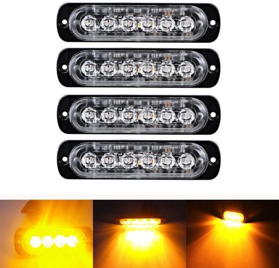 Ricoy 6 LED 18W Amber Ultra Slim Underbody Emergency Hazard Strobe Warning Grille Working Light Bar for 12V - 24V Car Vehicle, Safety Flashing Beacon For Boat SUV Trailer Caravan (Pack of 4)