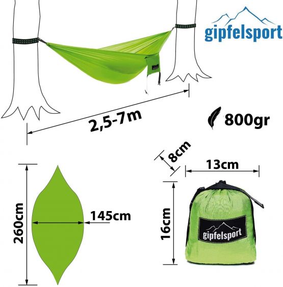 gipfelsport Hammock- Ultralight parachute silk hammock | for up to 2 persons up to 300kg | for indoor and outdoor | Travel hammock with 2x straps or 2x ropes - Image 2