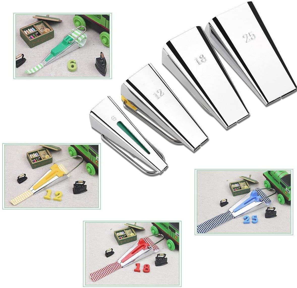 Fabric Bias Tape Maker Set of 4 Sizes 6mm/12mm/18mm/25mm Sewing Quilting Tool with Tape Binding Presser Foot Wonder Clips - Image 4