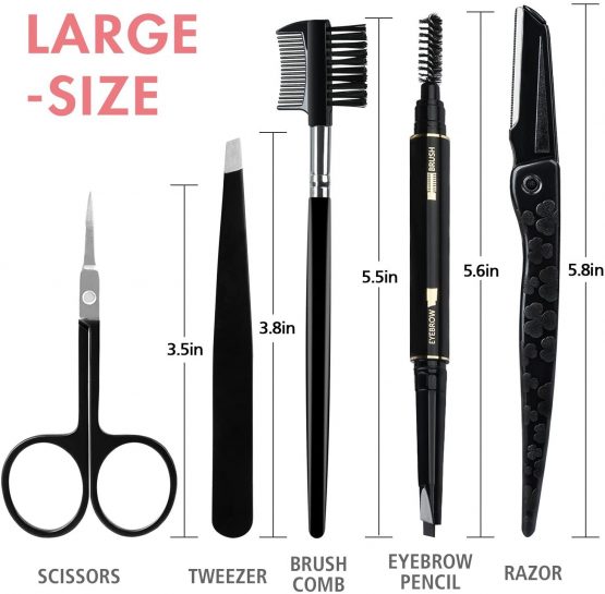 Gibot Eyebrow Set, 5pcs Stainless Steel Eyebrow Grooming Kit with Tweezers, Scissors, Eyebrow Brush Comb, Eyebrow Pencil, Razor and Travel Case for Women and Men, Black - Image 2