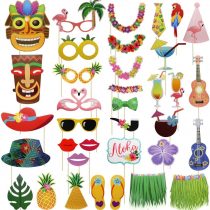 Meetory 36Pcs Hawaiian Photo Booth Props Kit, Selfie Props Celebration for Hawaii Seaside, Summer Pool Party, Luau Tropical Tiki Beach Vacation Dress-up Costume Accessories Decoration