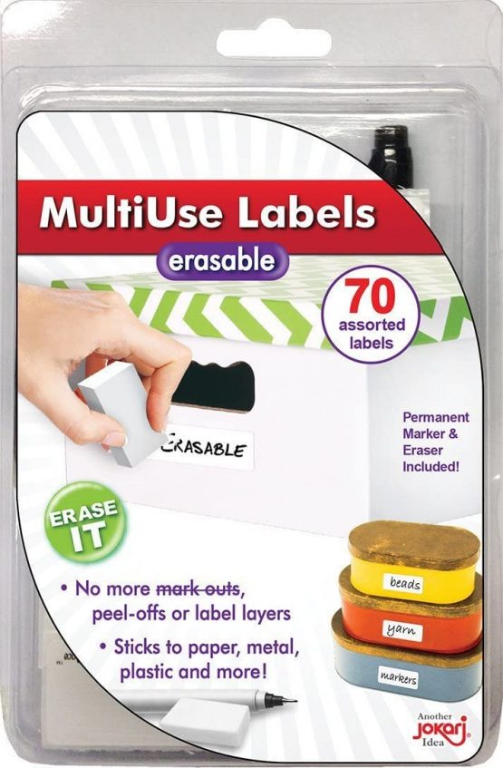 Jokari 47802 - Label Once Erasable Multi-Use Labels Starter Kit with 70 labels, Eraser and Pen