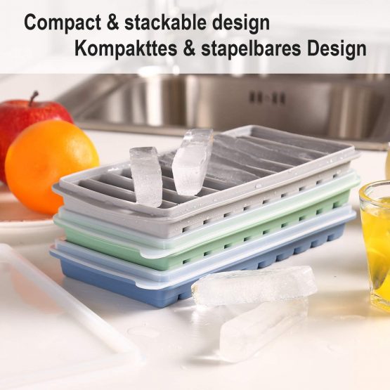LessMo Stick Ice Cube Tray, Silicone, with Lid, Ideal for Sports and Water Bottles, 10 Cavities (Set of 3, Multicolors) - Image 2