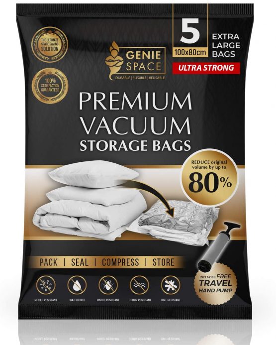 GENIE SPACE - Incredibly Strong Premium Space Saving Vacuum Bags Storage | 5 x EXTRA LARGE - 100x80cm | Airtight & Reusable | Create 80% more space | For Clothes, Towels, Bedding, Duvets and more