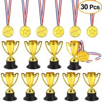 FEPITO 30 Pcs Trophies Medals Set 10Pcs Gold Plastic Trophy Cup and 20Pcs Winner Medals for Kid Party Sports Awards