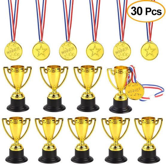 FEPITO 30 Pcs Trophies Medals Set 10Pcs Gold Plastic Trophy Cup and 20Pcs Winner Medals for Kid Party Sports Awards