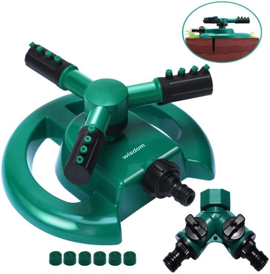 WISDOMWELL Wisdom Garden Sprinkler Automatic Lawn Water Sprinkler 360 Degree 3 Arm Rotating Sprinkler System for Watering Your Lawn Plants Flowers Veggies and More (1Sprinkler and double-pass)