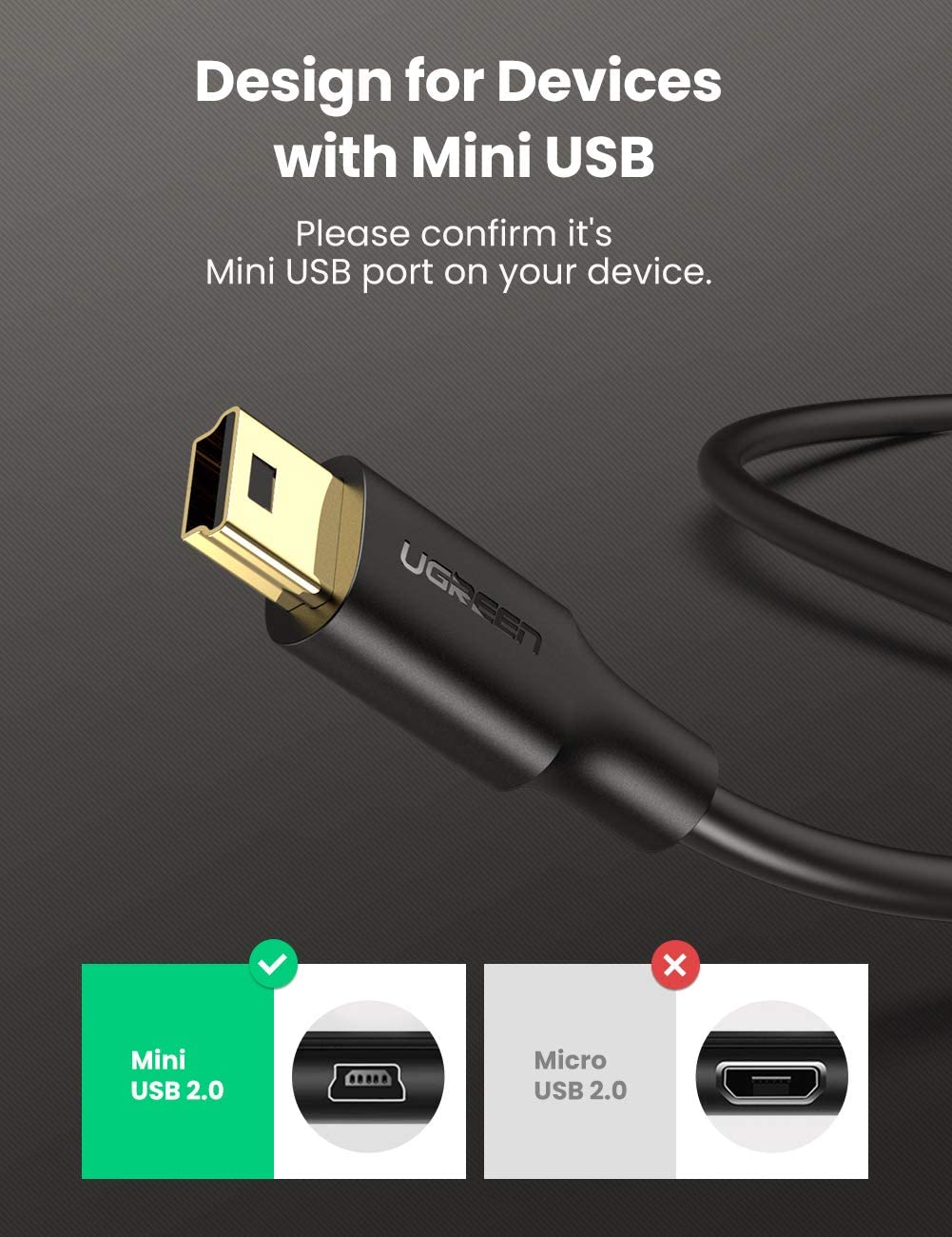 UGREEN 10 FT USB 2.0 Cable - Mini B Compatible with Garmin Nuvi GPS, Dash Cam, Camera, PS3 Controller, Hard Drive, GoPro Hero 3+, PDA - Image 2
