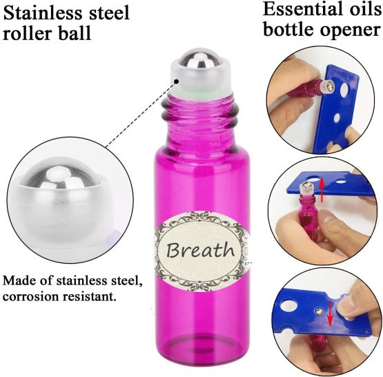 15Pcs, 5ml Essential Oil Roller Bottles - Yalbdopo Mini Refillable Glass Roll on Bottles with Stainless Steel Roller Balls & Black Lids, Perfect for Aromatherapy, Essential Oils, Fragrance (3 Colors) - Image 4