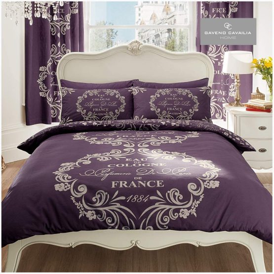 Gaveno Cavailia Luxurious SCRIPT PARIS Bed Set With Duvet Cover and Pillow Case, Polyester-Cotton, Purple , King