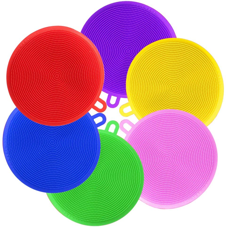 Round Silicone Sponge,BESTZY 6 Pcs Silicone Scrubber Kitchen Anti-Bacterial Sponge Multicolor for Cleaning Vegetable Kitchen Utensils