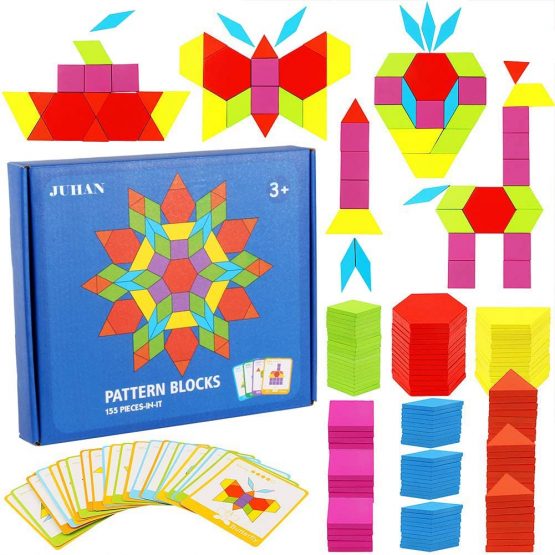 Afunti 155Pcs Wooden Pattern Blocks Set Geometric Shape Puzzles DIY Graphical Classic Educational Montessori Tangram Toys with 24Pcs Design Cards for Kids Toddler