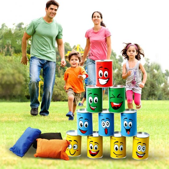 Ulifeme Tin Can Alley Game, Outdoor Garden Target Shooting Fairground Games for Kids & Children, Garden Party Toys Gift for Boys & Girls - 10pcs Fun Smile Knock Down Tin Cans and 3pcs Beanbags Packed - Image 3