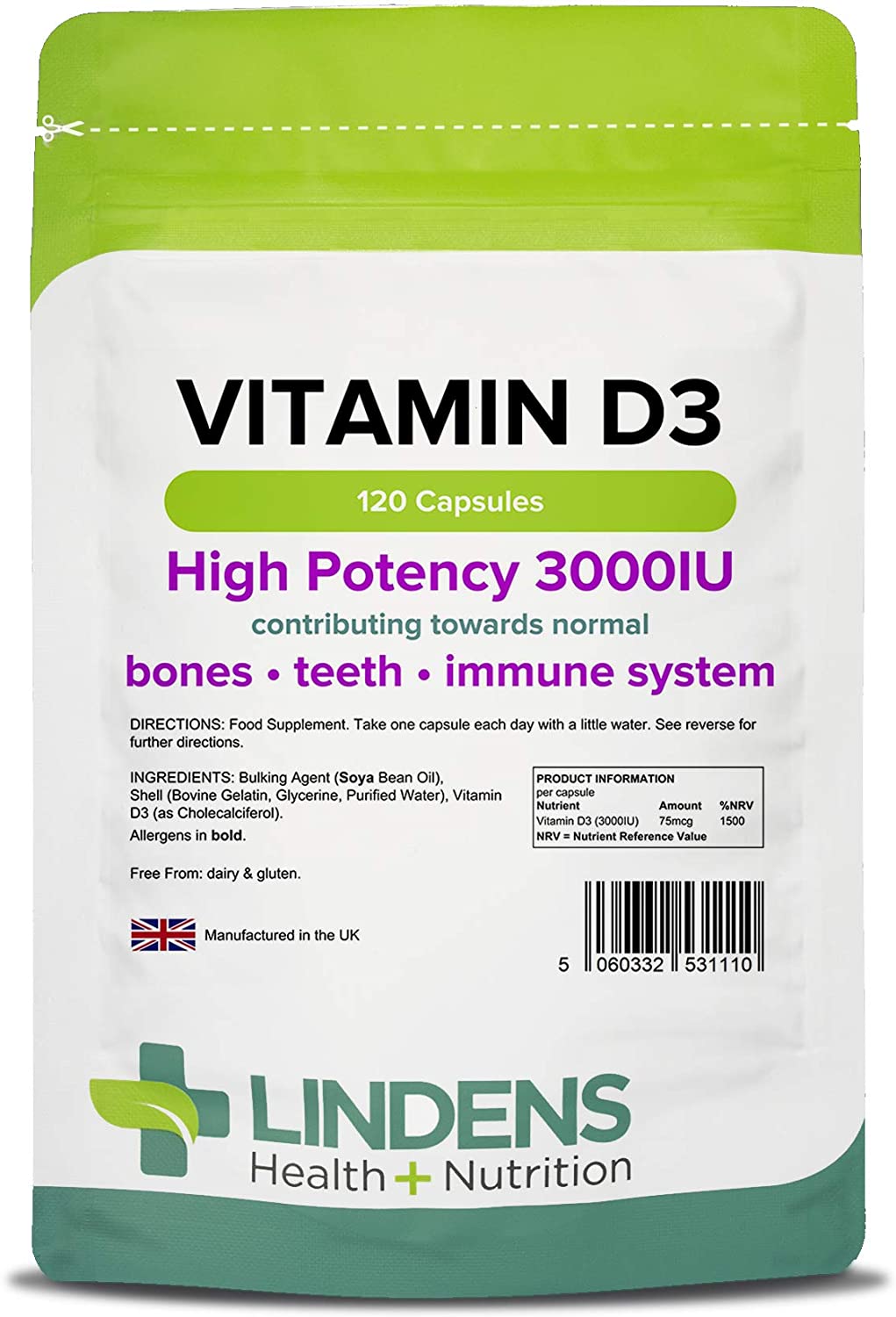 Lindens Vitamin D3 3000IU, 120 Capsules, High-Potency, 1500% NRV, Contributes to Normal Bones, Teeth & Immune System