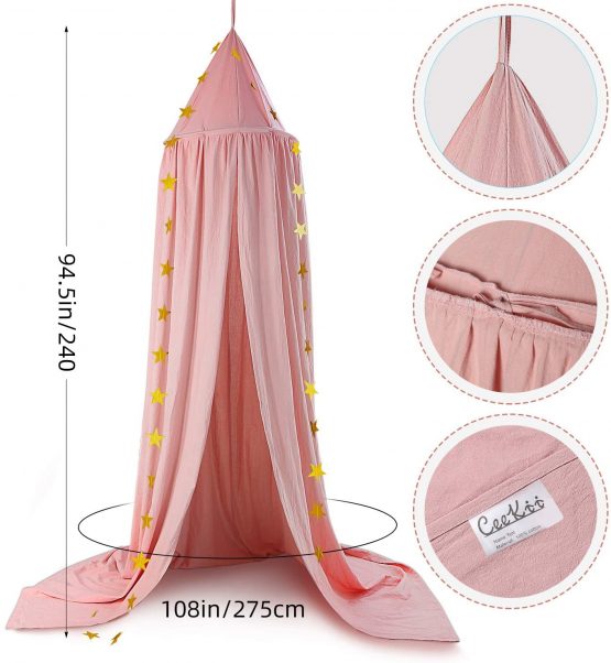 CeeKii Bed Canopy,Kids Nursery Room Decorations,Round Dome Mosquito Net,Play Tent Crib Nook for Babies Children's Bedroom DIY with Free Stars,Hight 94.5 inches (Pink) - Image 2
