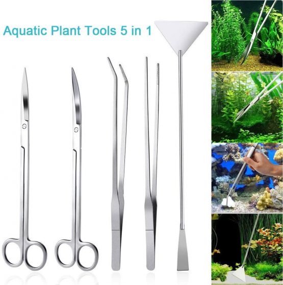 LONDAFISH Fish Tank Stainless Steel Plant Tool Set Aquarium Aquascaping Tweezers Scissors Kit 3 in 1/5 in 1/Substrate Spatula (5 in 1)