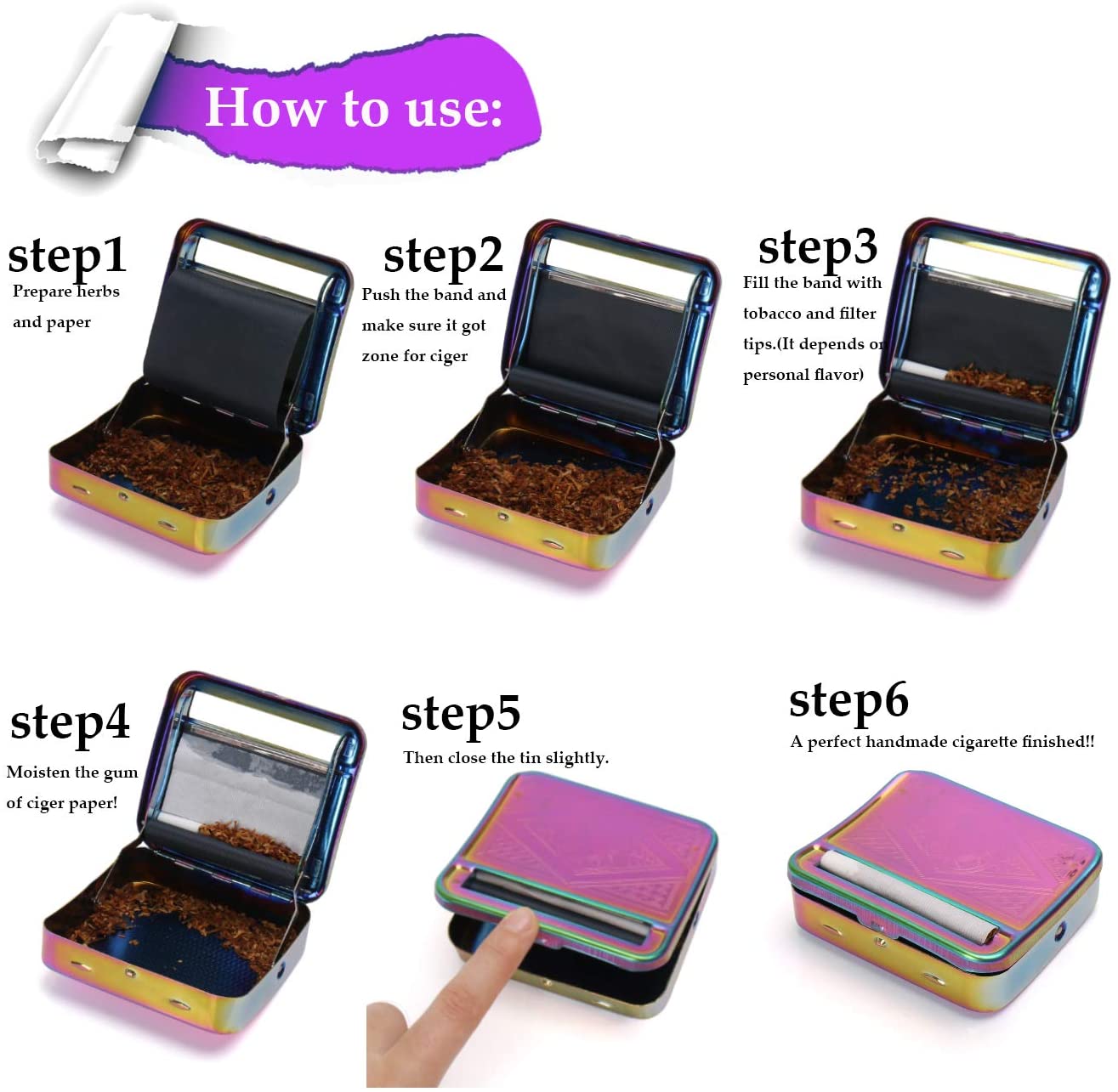 Automatic Rolling Box, Cigarette Rolling Machine Portable Metal Box for Rolling Tobacco, Smoking Roller and Storage Case (Multicolour) - Image 2