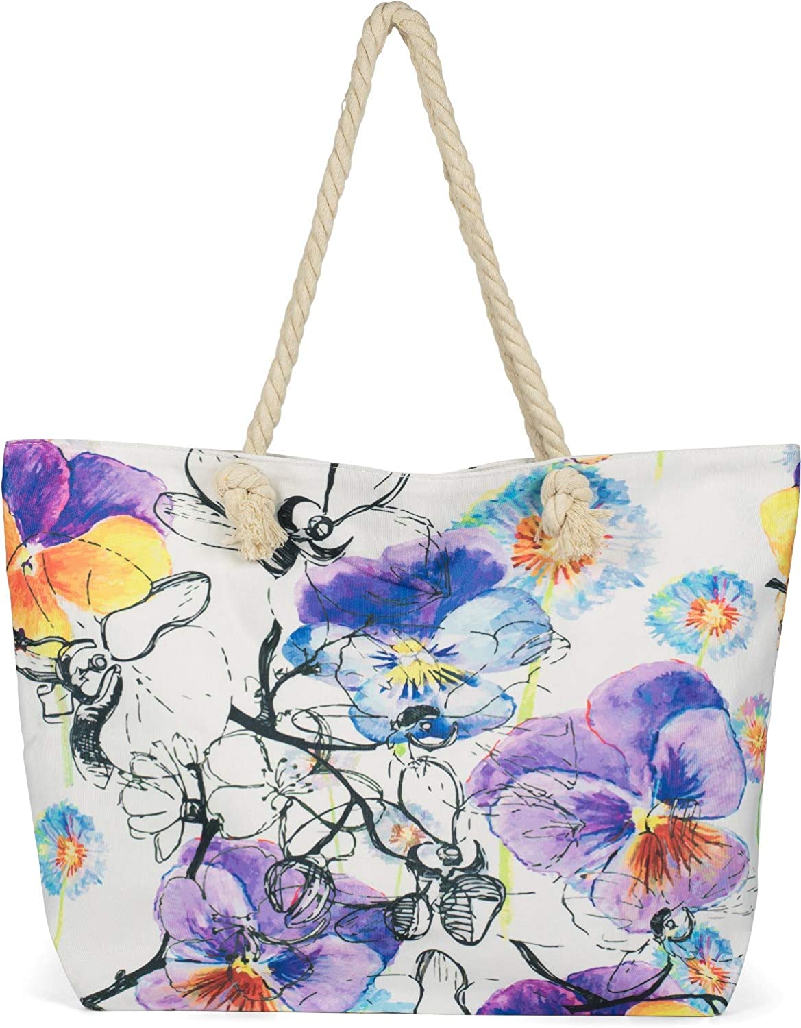 styleBREAKER Ladies XXL beach bag with colorful violet flowers flowers print, zipper, shoulder bag, shopper 02012346