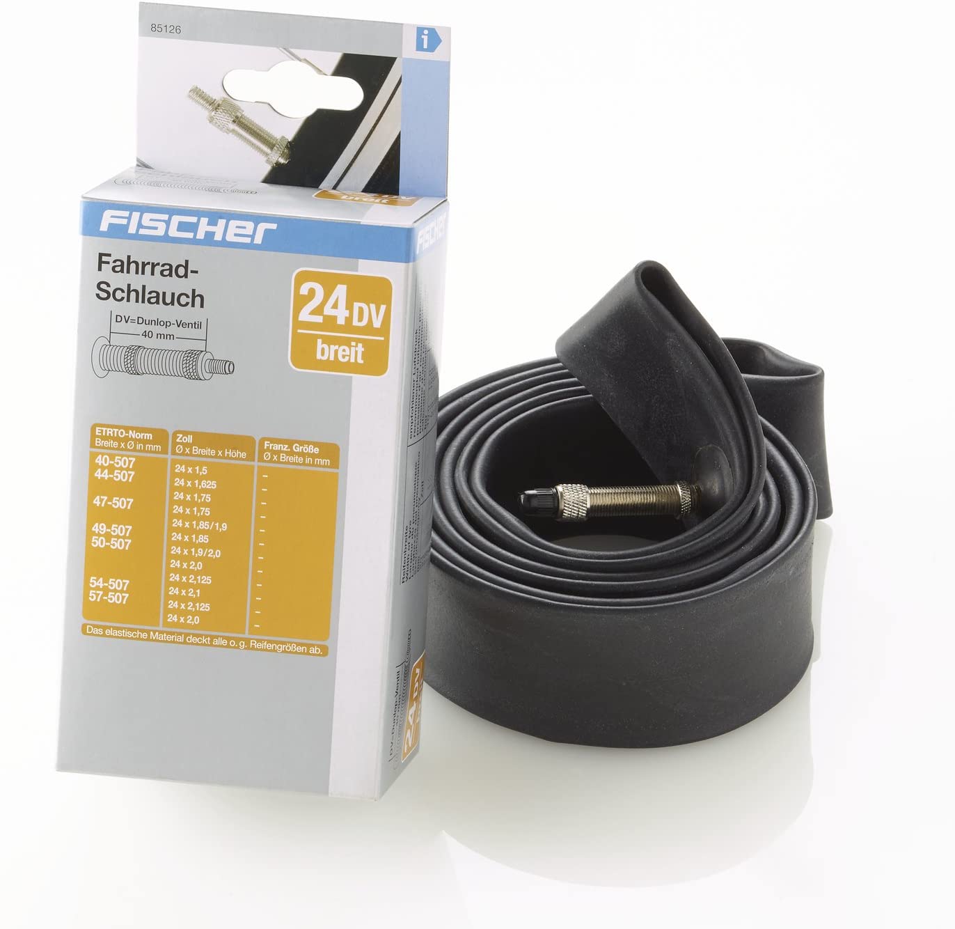 FISCHER Bicycle inner tube wide in 24 inches, ETRO standard: 40/57-507, Dunlop valve, car valve, Black, Auto Ventil standard - Karton - Image 3