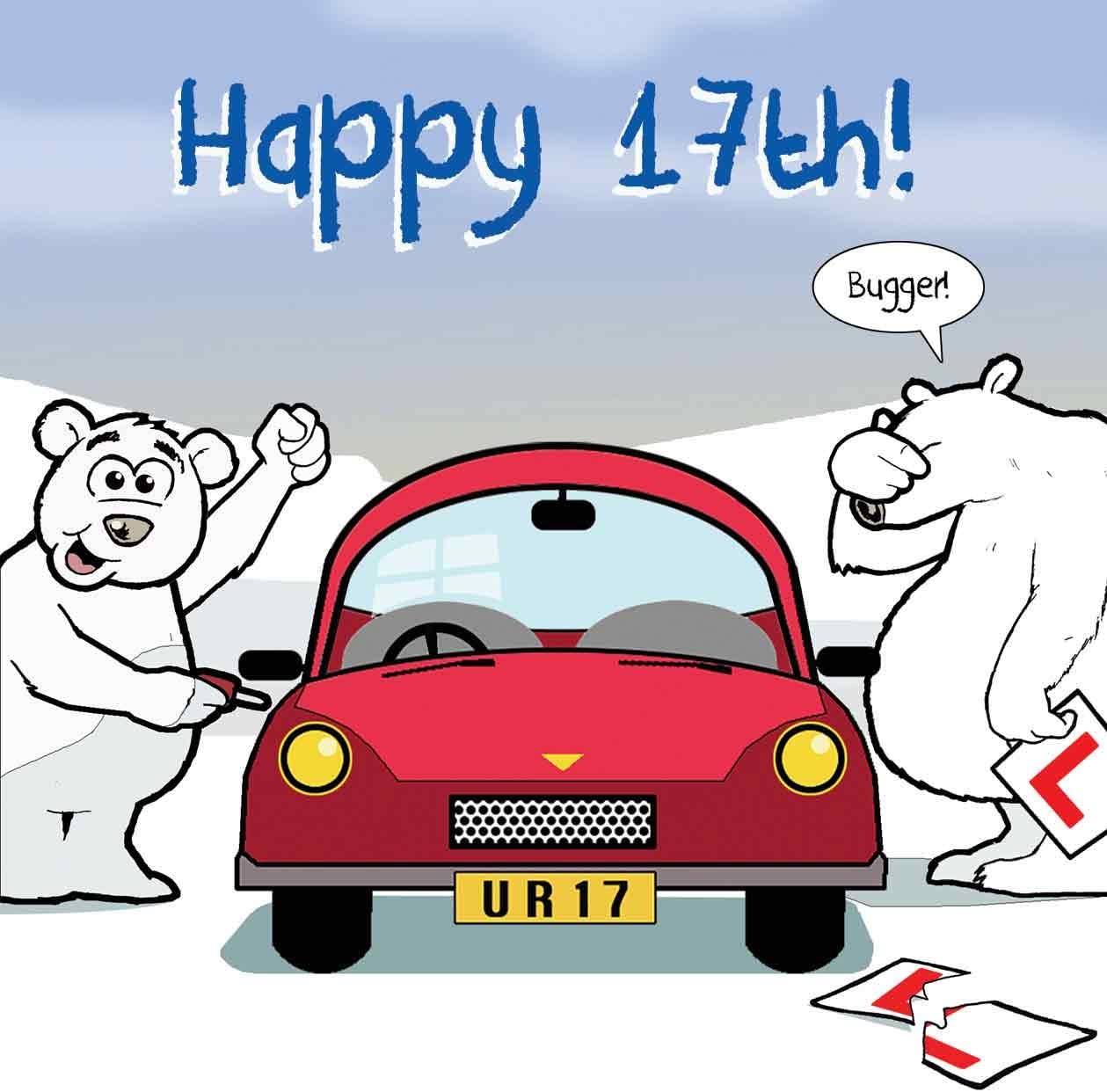 Twizler Funny Birthday Card with Polar Bear, Car and Ripped Learner Plates, 17th Birthday Card, Humour Card