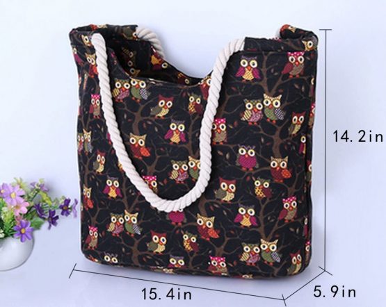 Millya Women Owl Pattern Canvas Travel Tote Bag Oversized Shoulder Bag Holiday Beach Shopping Bag,Black - Image 4