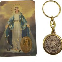 C bc Virgin Mary Miraculous brass and silver keyring with Memorare prayer card