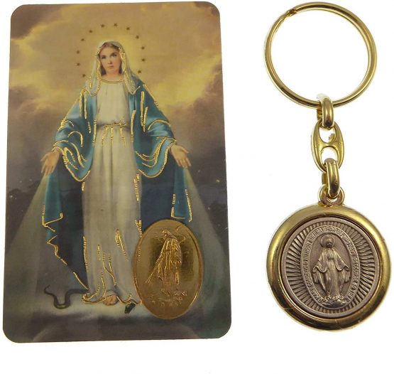 C bc Virgin Mary Miraculous brass and silver keyring with Memorare prayer card
