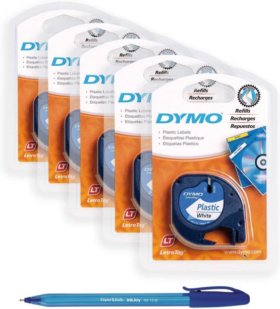 5 x Dymo LetraTag Plastic Label Tape (91201), 12 mm x 4 m Roll, White + PaperMate Pen Gift