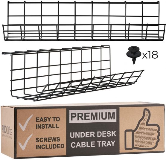 Under Desk Cable Management Tray - Under Desk Cable Organizer for Wire Management. Desk Cable Tray for Office and Home. Perfect Standing Desk Cable Management Rack (Black Wire Tray - Set of 2X 17'')