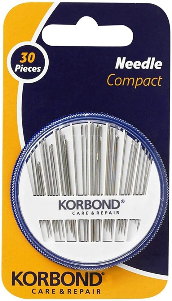 30 Piece NEEDLE COMPACT by Korbond – Needle Assortment for a multitude of hand sewing, mending and crafting; selection of Sharps, Betweens Tapestry & Darning Needles