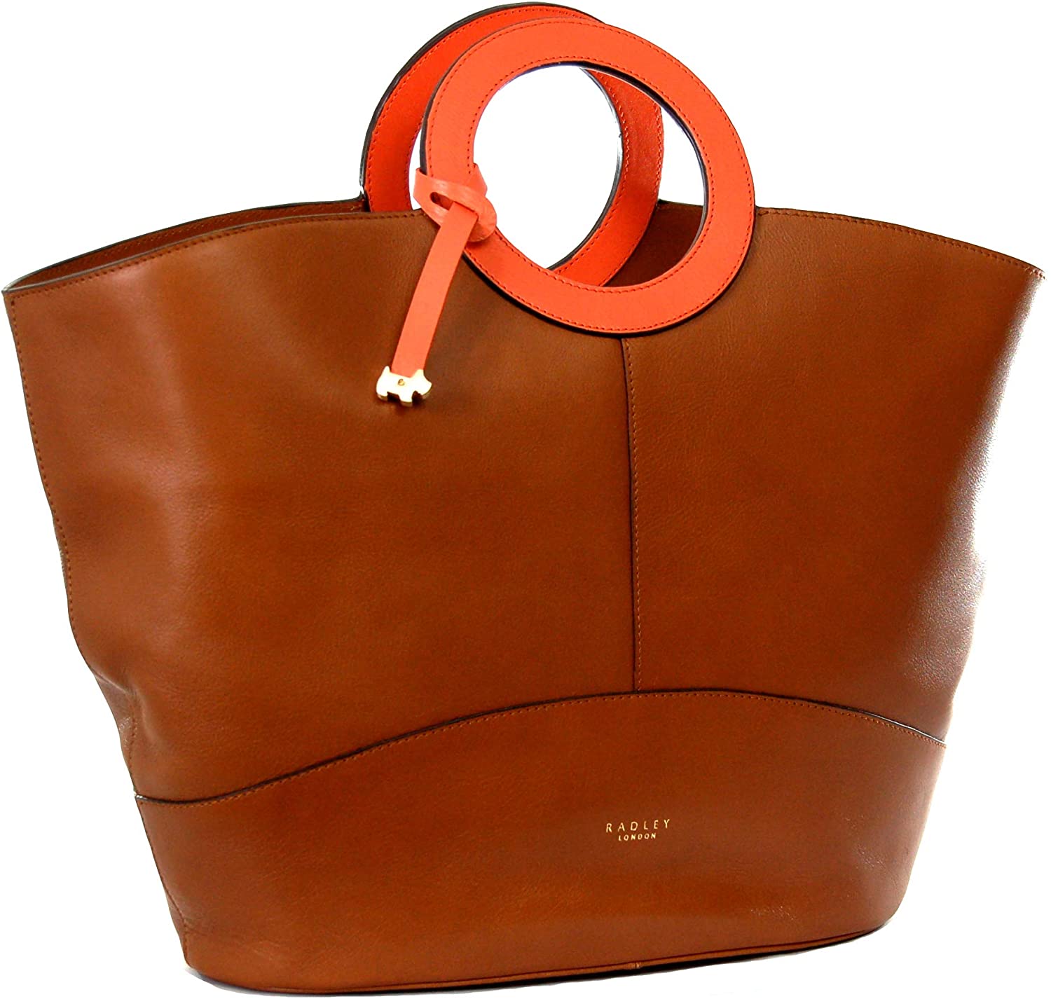 Radley Large Leather Tote Grab Bag Market Street Street in Indus Tan with Orange Leather Hoop Handles
