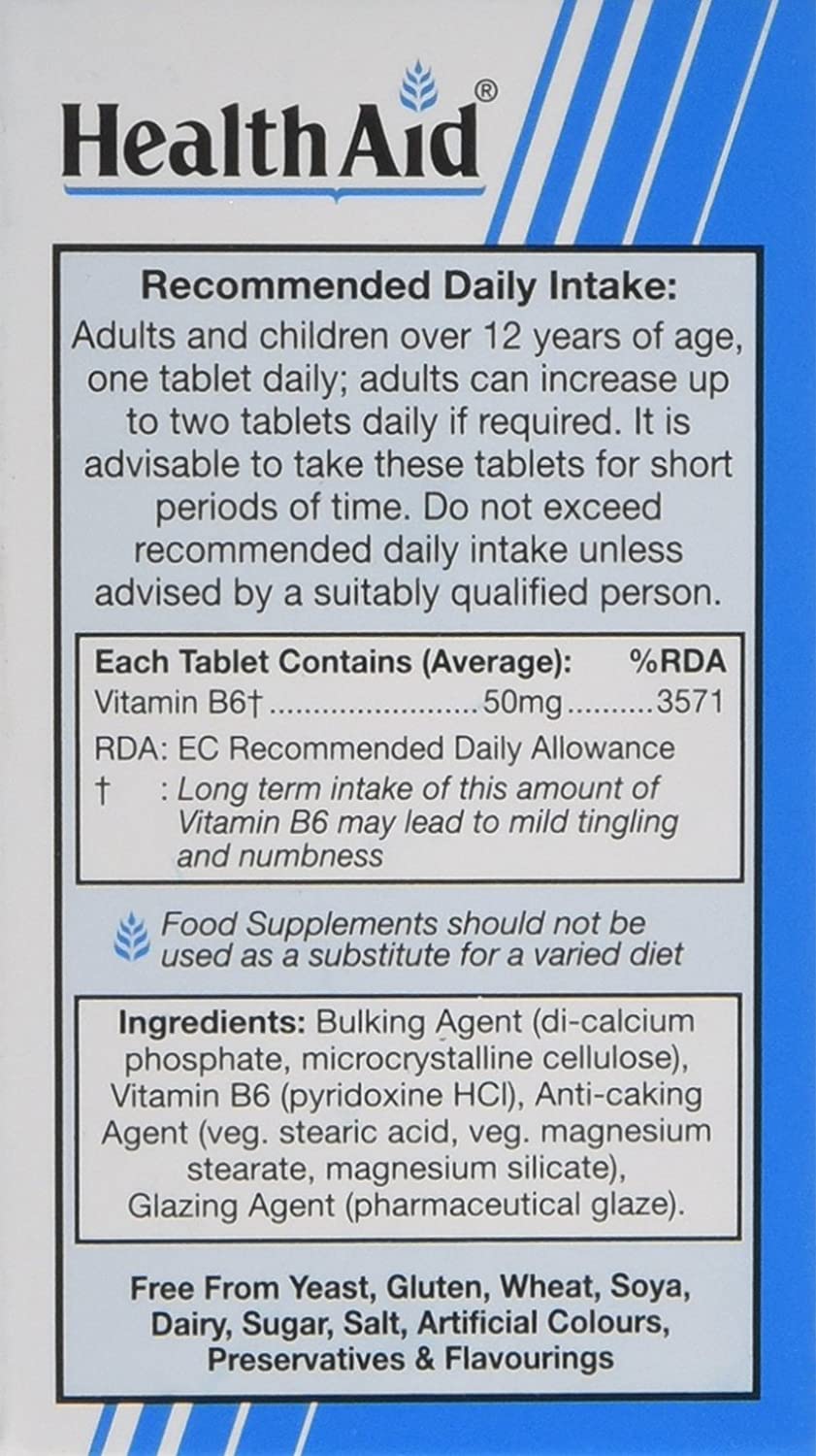 HealthAid Vitamin B6 (Pyridoxine HCl) 50mg - 100 Tablets, White, 100 count (Pack of 1) - Image 2