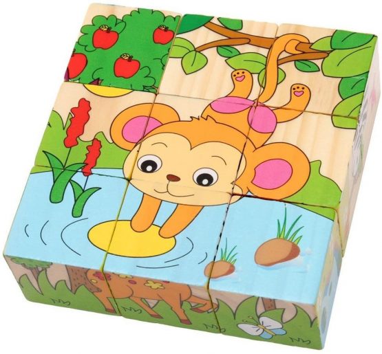 PROW® 6 in 1 Wooden Cube Puzzles Jigsaw 9 Pcs Hedgehog Elephant Tiger Deer Monkey Zebra Learning Animal Safe and Non-toxic Toy Building Blocks for Kids - Image 2