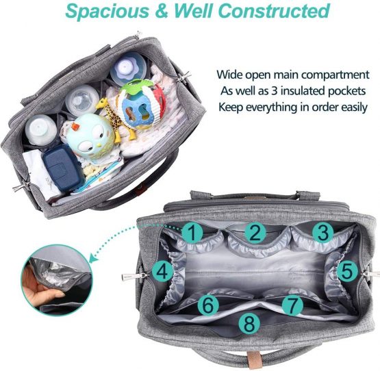 Baby Changing Bag, WELAVILA Nappy Diaper Bags for Mom and Dad with Changing Pad & Insulated Pockets, Convertible Travel Tote Messenger, Gray - Image 3