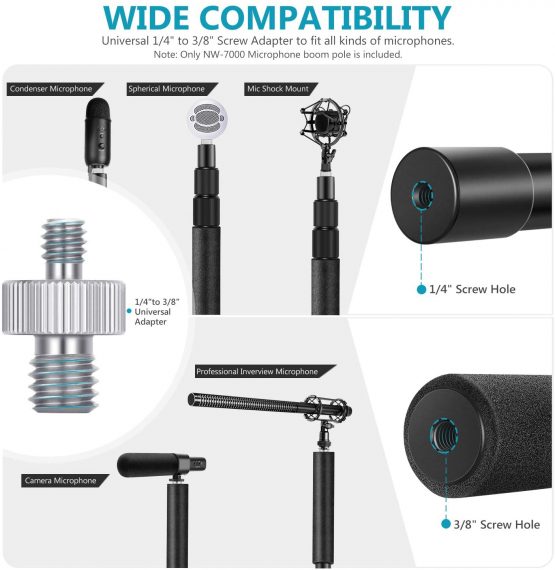Neewer NW-7000 Microphone Boom Arm, 3-Section Extendable Handheld Mic Arm with 1/4” to 3/8” Threads, 3ft to 8ft Adjustable Length - Image 2