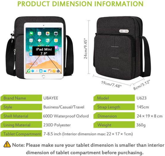UBAYEE Small Man Shoulder Bag with Multi Compartments (Fits 8.5 Inch Tablet, iPad Mini), 22 cm, Black - Image 2