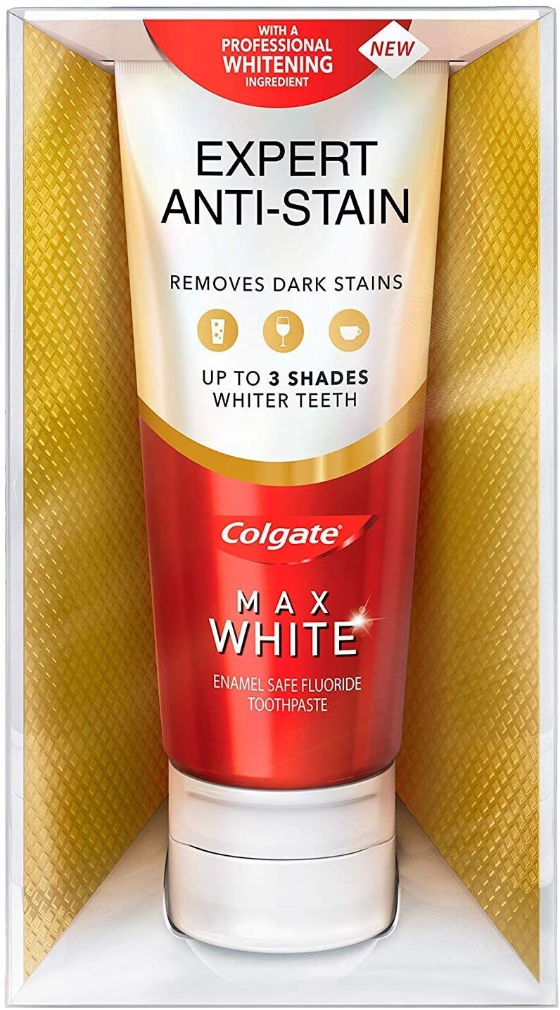 Colgate Max White Expert + Anti-Stain Teeth Whitening Toothpaste 75ml, Advanced Stain Removal Technology
