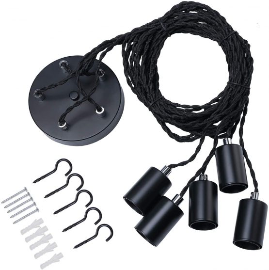 Black Industrial Pendant Light Fitting, 5lights Spider Hanging Light Fitting with Adjustable 3M Twisted Braided Cable, Retro Industrial Cluster Pendant Light Fittings E27 Lamp Holder-Black/1010-5LT